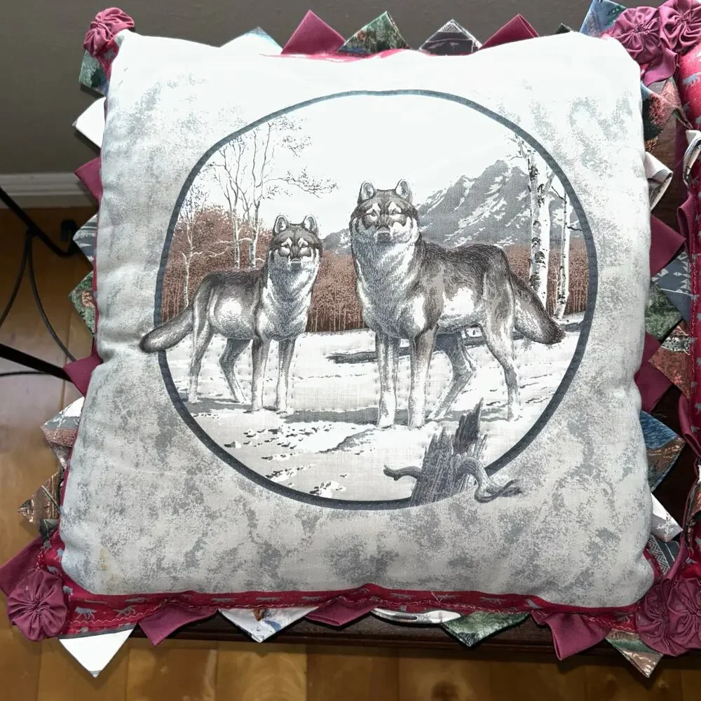 Vintage handmade Pillows Wolves Grizzly Bear Circle rustic cabin country decor
